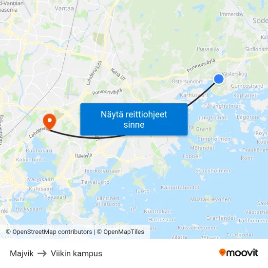 Majvik to Viikin kampus map