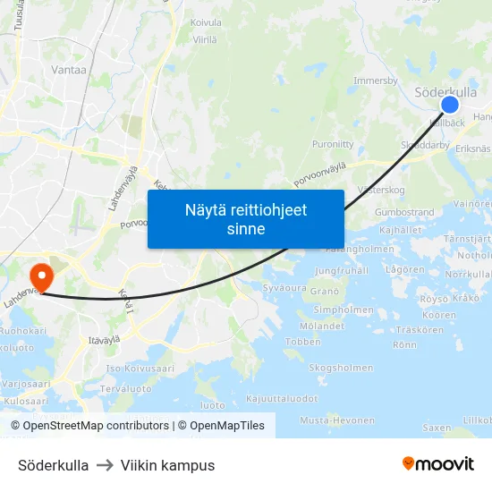 Söderkulla to Viikin kampus map