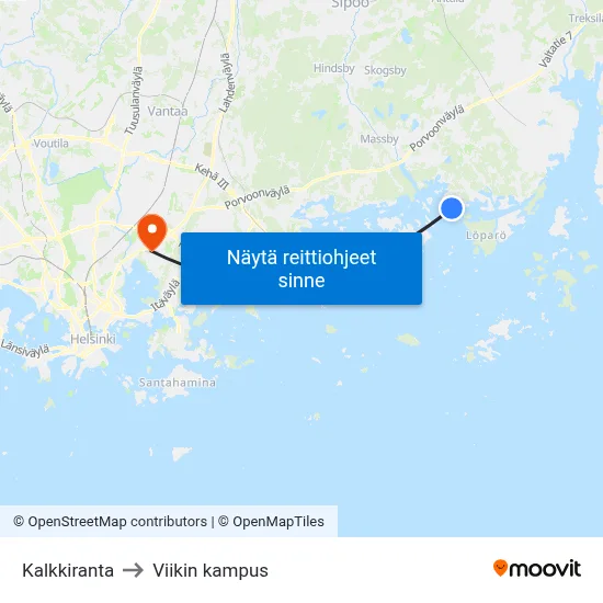 Kalkkiranta to Viikin kampus map