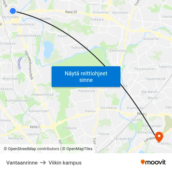 Vantaanrinne to Viikin kampus map