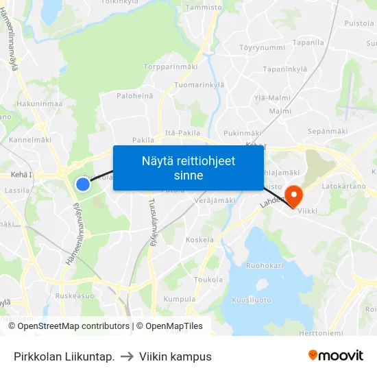 Pirkkolan Liikuntap. to Viikin kampus map