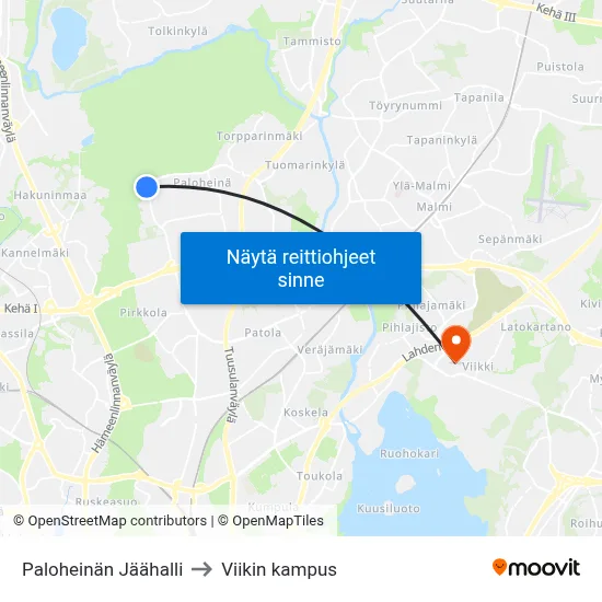 Paloheinän Jäähalli to Viikin kampus map