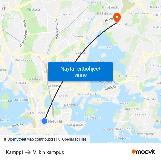 Kamppi to Viikin kampus map