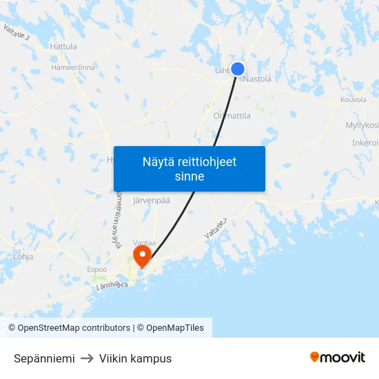 Sepänniemi to Viikin kampus map