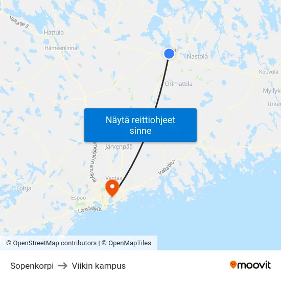 Sopenkorpi to Viikin kampus map