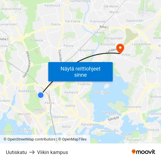 Uutiskatu to Viikin kampus map