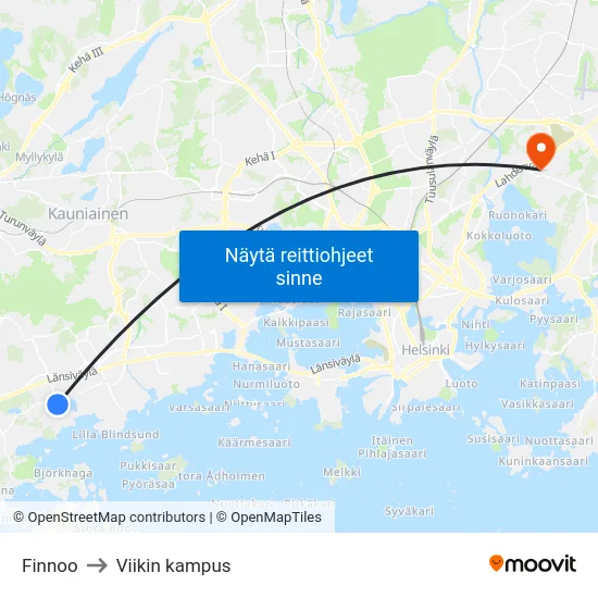 Finnoo to Viikin kampus map