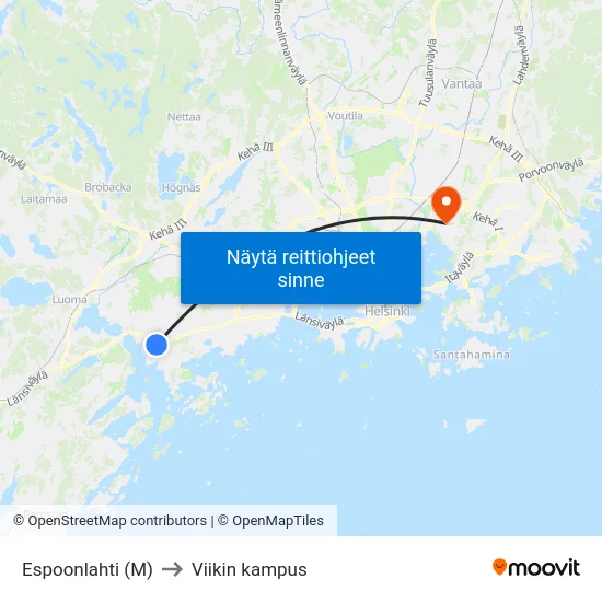 Espoonlahti (M) to Viikin kampus map