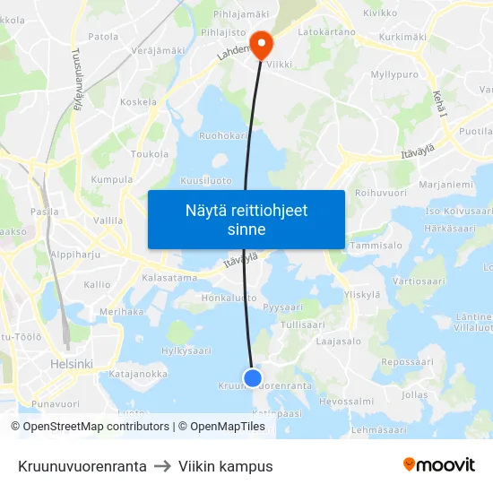 Kruunuvuorenranta to Viikin kampus map