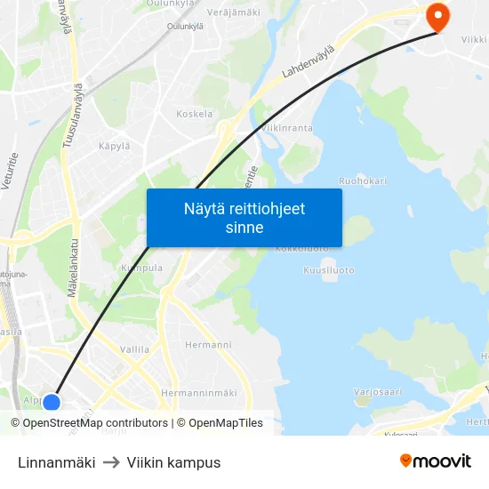 Linnanmäki to Viikin kampus map