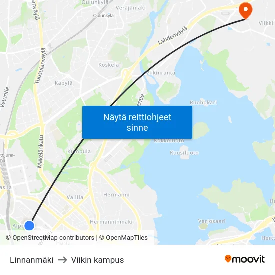 Linnanmäki to Viikin kampus map