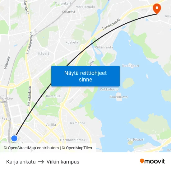 Karjalankatu to Viikin kampus map