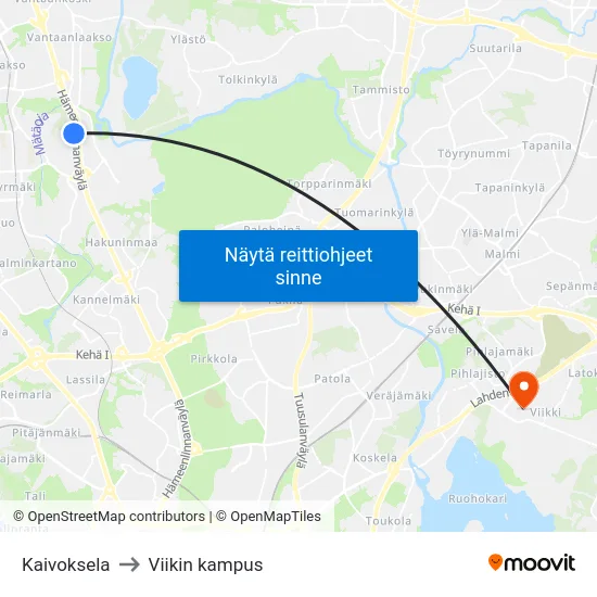 Kaivoksela to Viikin kampus map