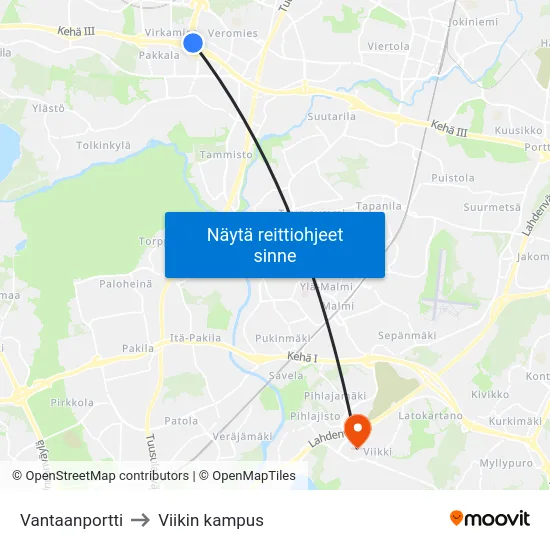 Vantaanportti to Viikin kampus map