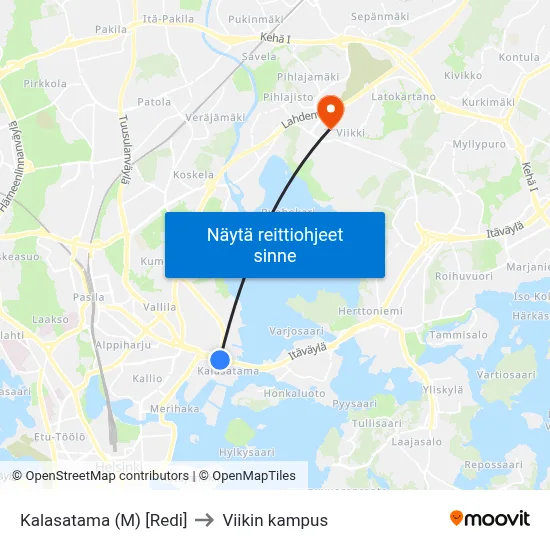 Kalasatama (M) [Redi] to Viikin kampus map