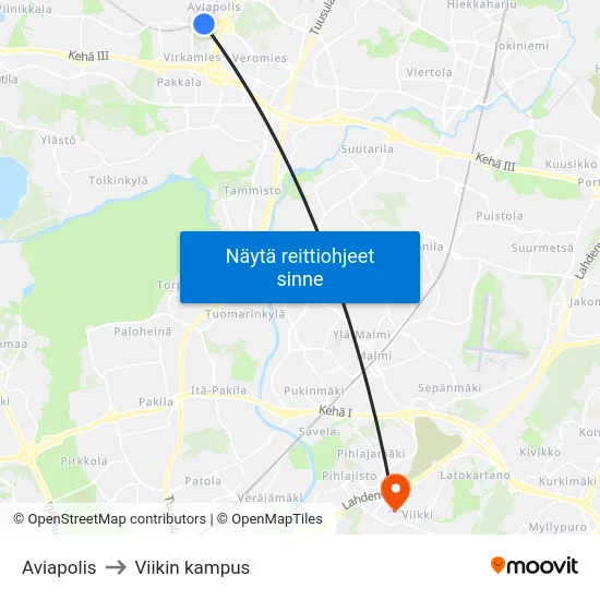 Aviapolis to Viikin kampus map