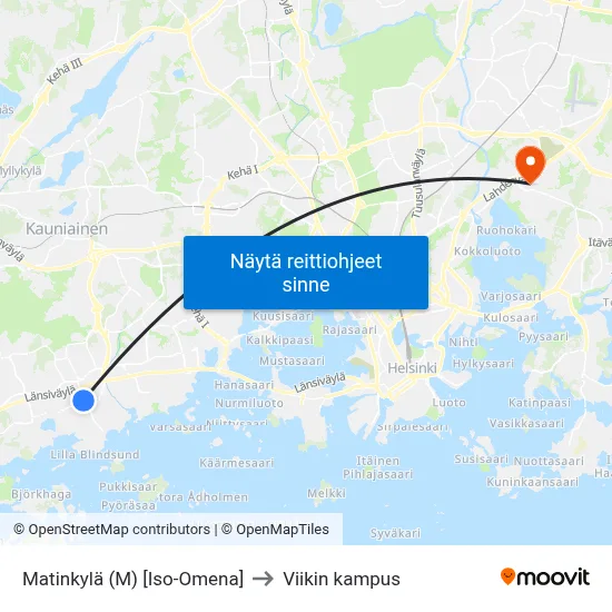 Matinkylä (M) [Iso-Omena] to Viikin kampus map