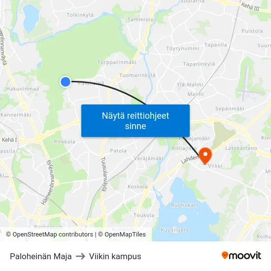 Paloheinän Maja to Viikin kampus map