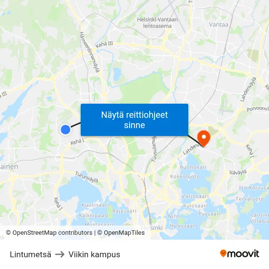 Lintumetsä to Viikin kampus map