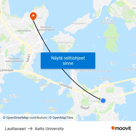Lauttasaari to Aalto University map