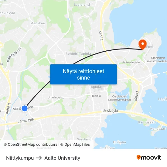 Niittykumpu to Aalto University map