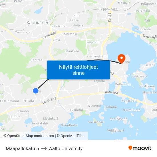 Maapallokatu 5 to Aalto University map