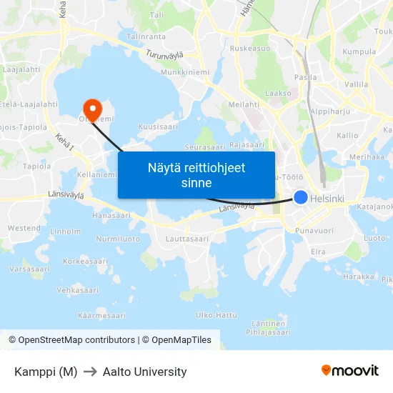 Kamppi (M) to Aalto University map
