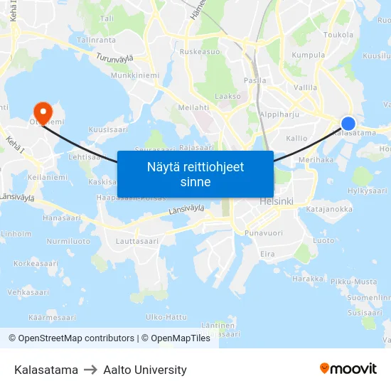 Kalasatama to Aalto University map
