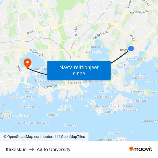 Itäkeskus to Aalto University map