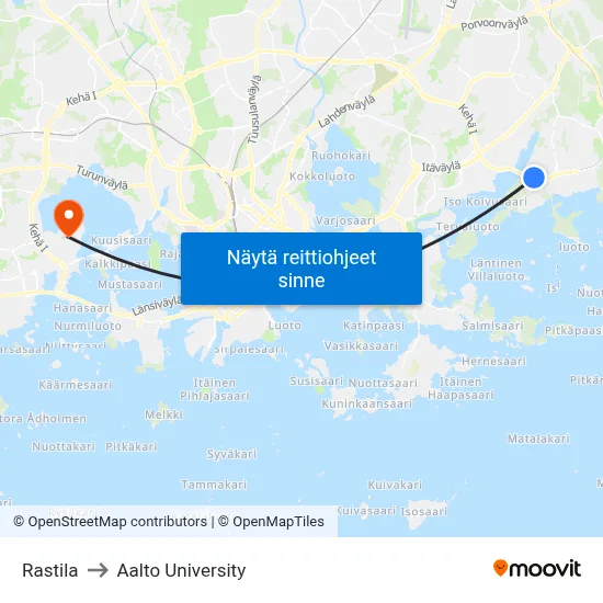 Rastila to Aalto University map
