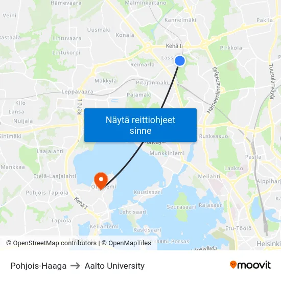 Pohjois-Haaga to Aalto University map