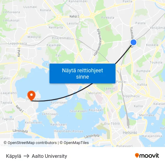 Käpylä to Aalto University map