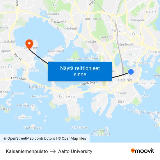 Kaisaniemenpuisto to Aalto University map