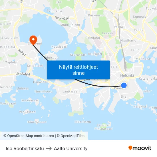 Iso Roobertinkatu to Aalto University map