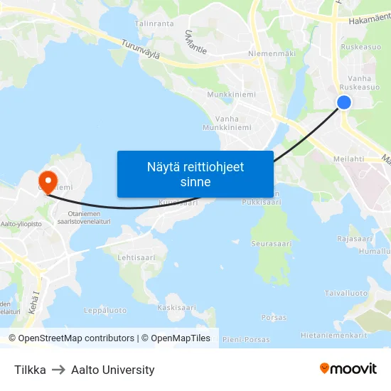 Tilkka to Aalto University map