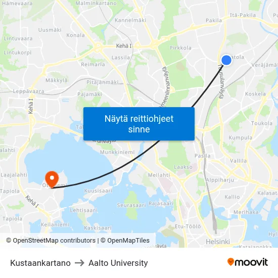 Kustaankartano to Aalto University map