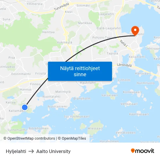 Hyljelahti to Aalto University map