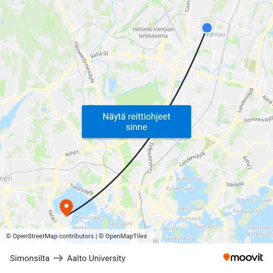 Simonsilta to Aalto University map