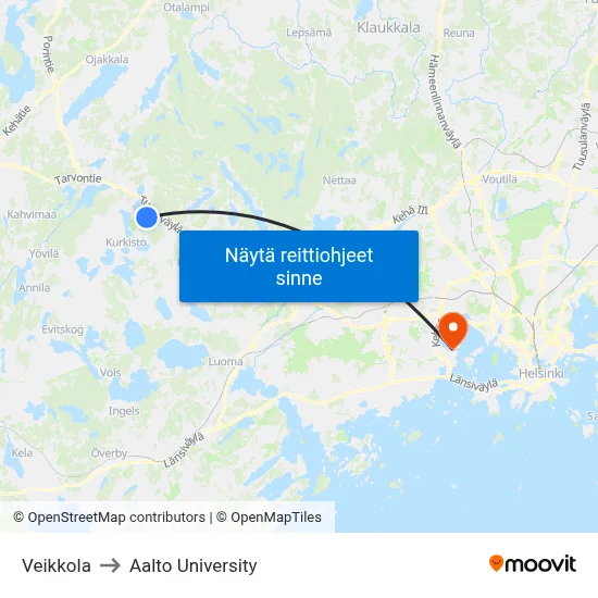Veikkola to Aalto University map