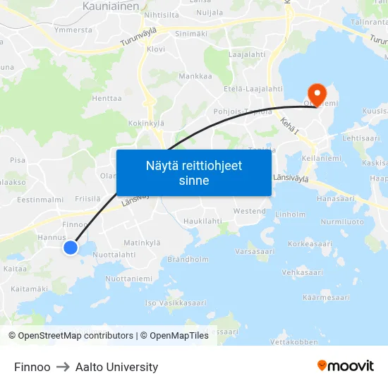 Finnoo to Aalto University map