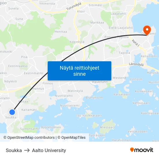 Soukka to Aalto University map