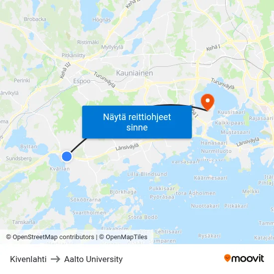 Kivenlahti to Aalto University map