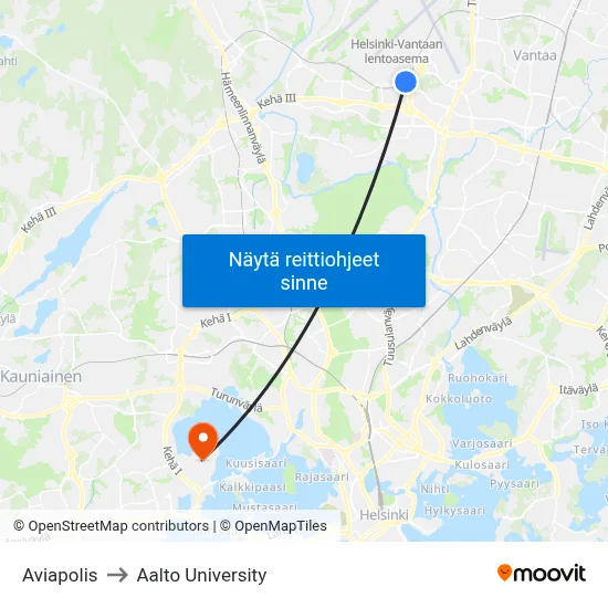 Aviapolis to Aalto University map