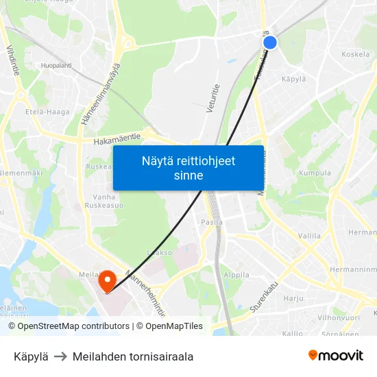 Käpylä to Meilahden tornisairaala map