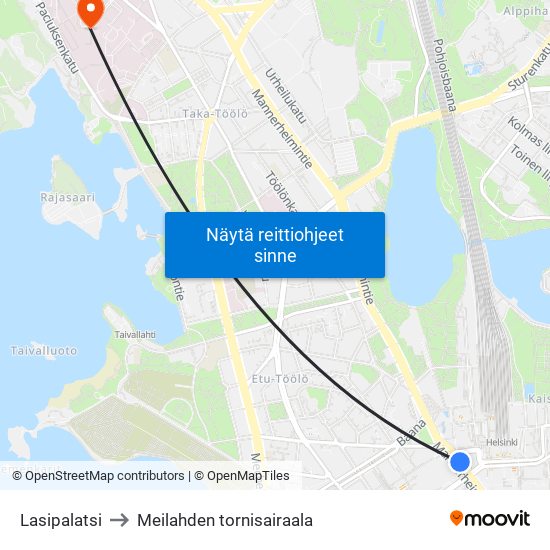 Lasipalatsi to Meilahden tornisairaala map