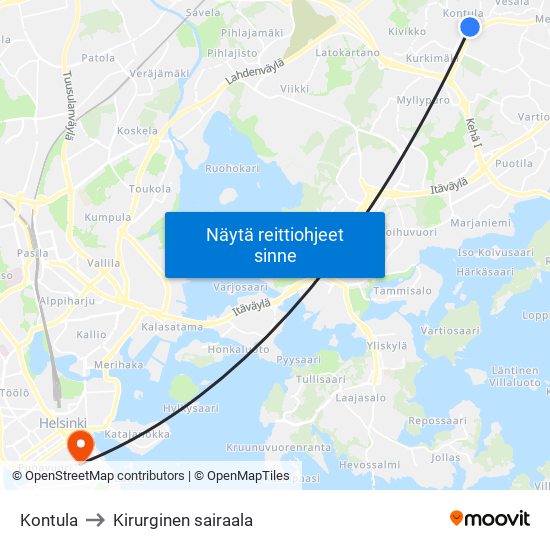 Kontula to Kirurginen sairaala map