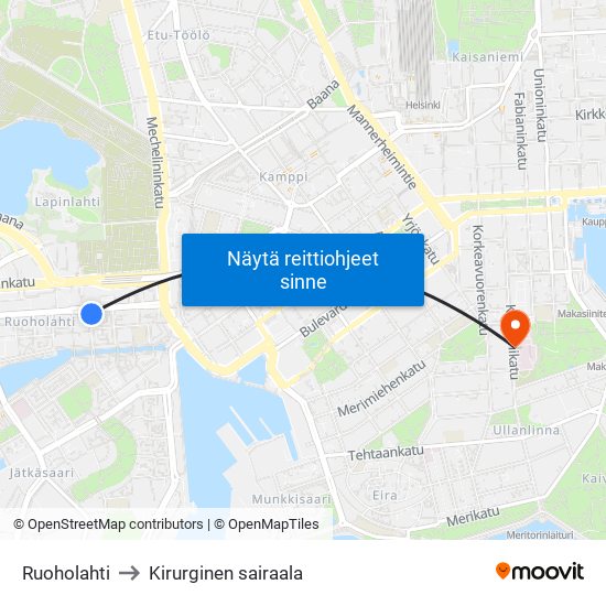 Ruoholahti to Kirurginen sairaala map