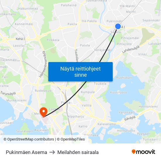 Pukinmäen Asema to Meilahden sairaala map