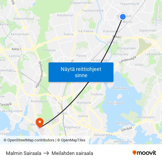 Malmin Sairaala to Meilahden sairaala map