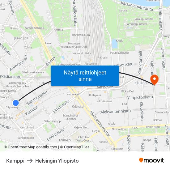 Kamppi to Helsingin Yliopisto map